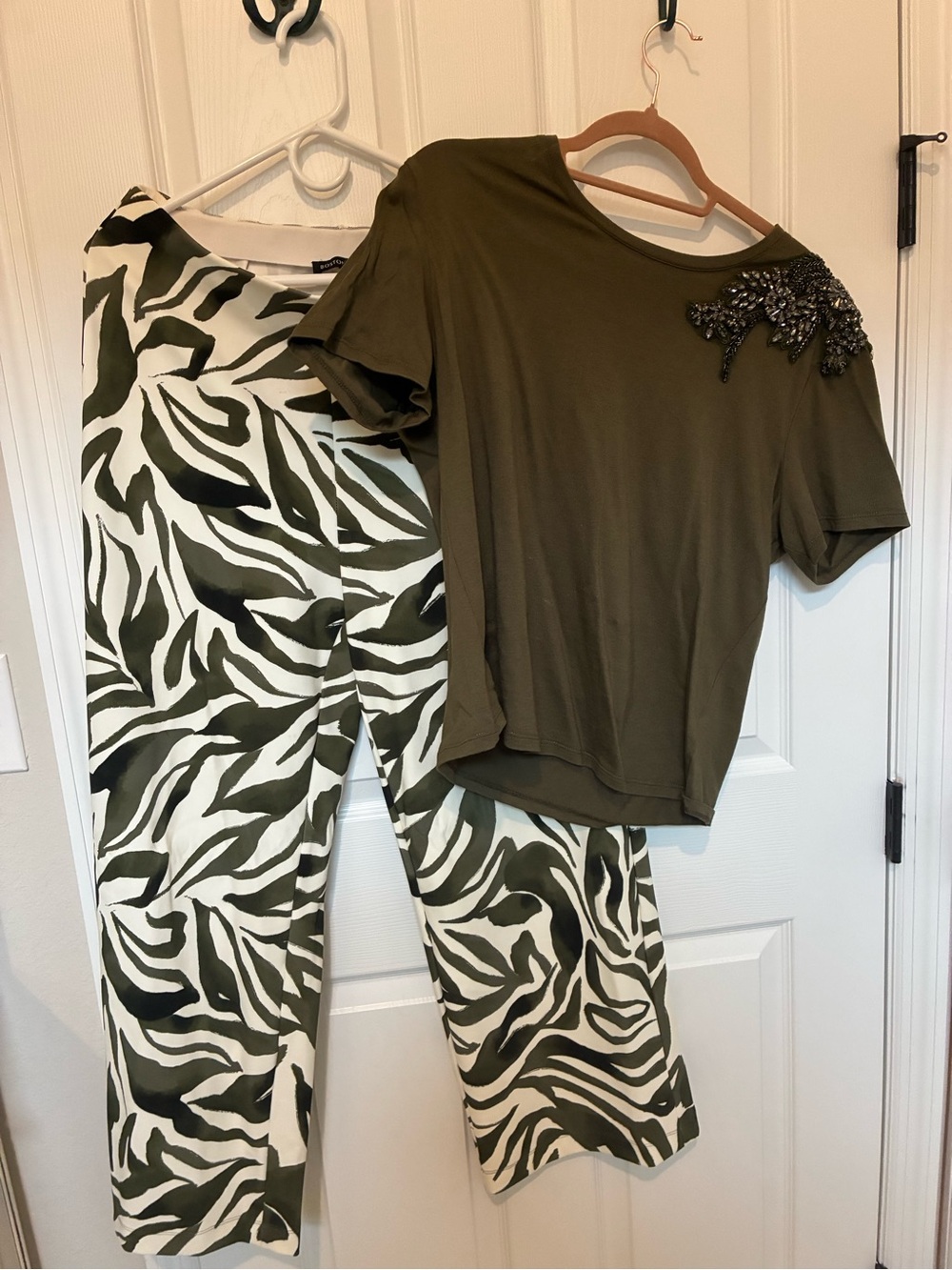 Olive Green Embellished Tee and Zebra Print palazzo pants.